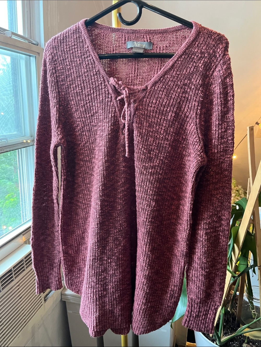 Natural Reflections Women's V-Neck Lace-Up Sweater - Berry